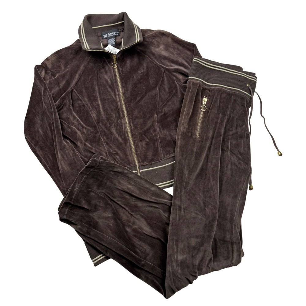 VTG Y2K Self Esteem Brown Velour Tracksuit Set Zip Jacket Flare Pants Medium